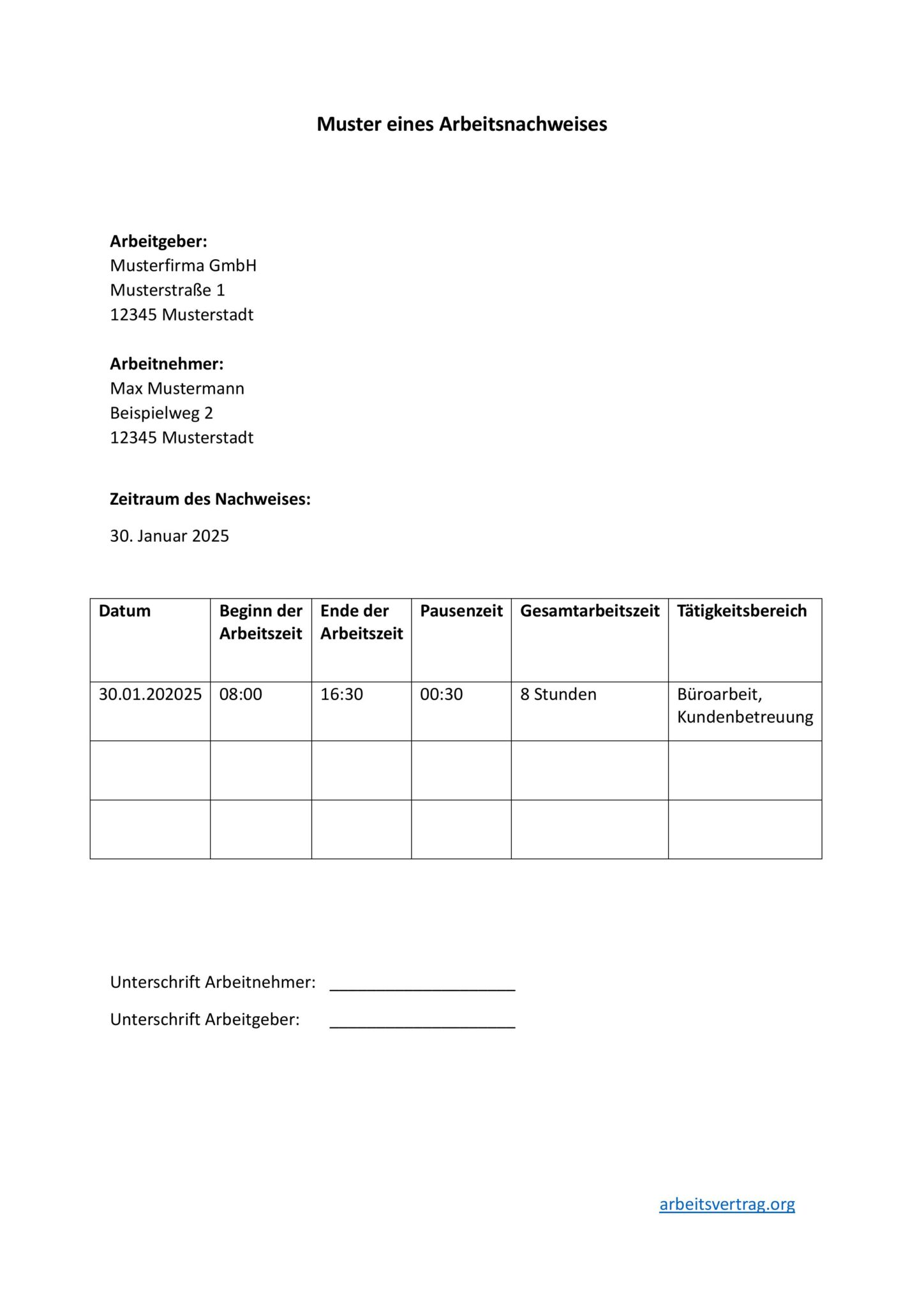 Muster Arbeitsnachweis
